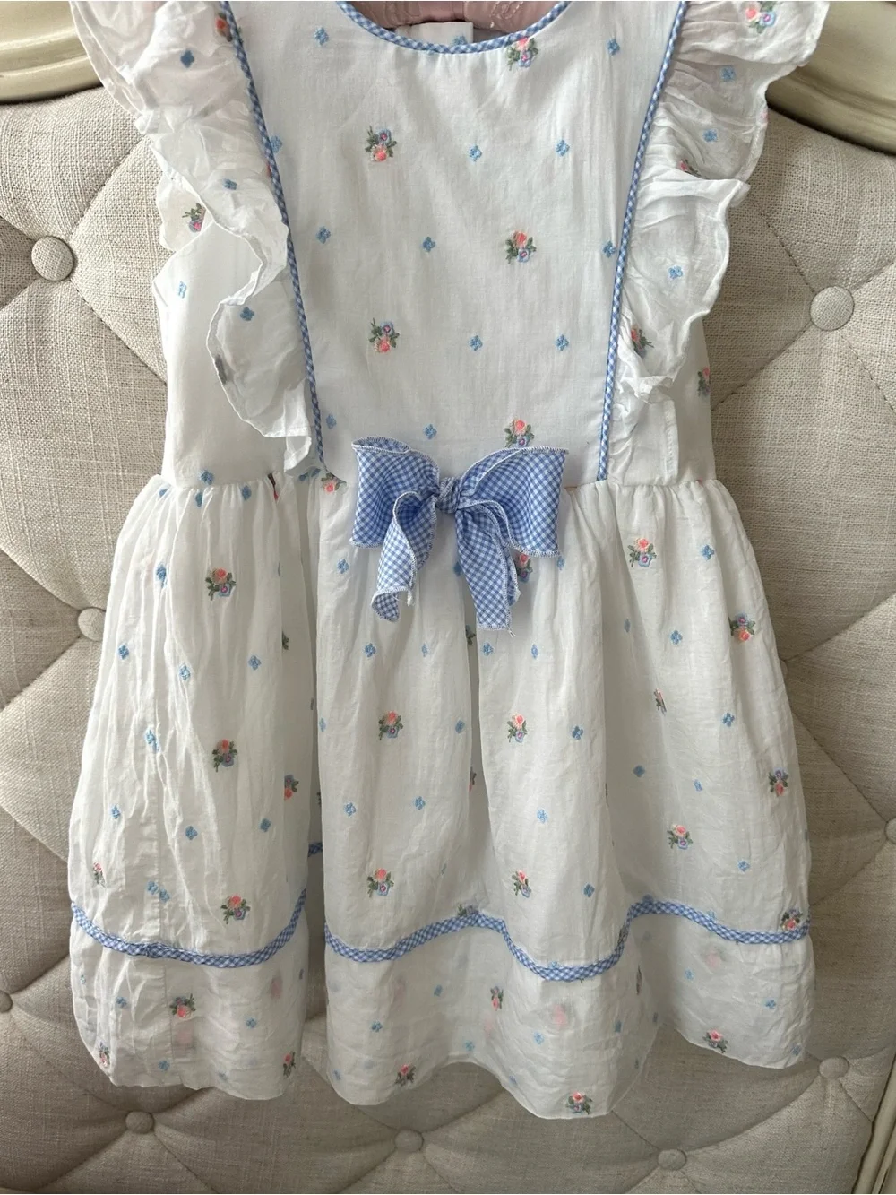 Pippa & Julie Little Flutter Sleeve White Floral Dress with Blue Gingham Bow